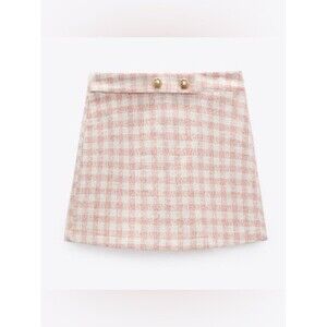 Zara Pink Tweed Checked Plaid Skort Women’s XL Gold Button Barbiecore Skort